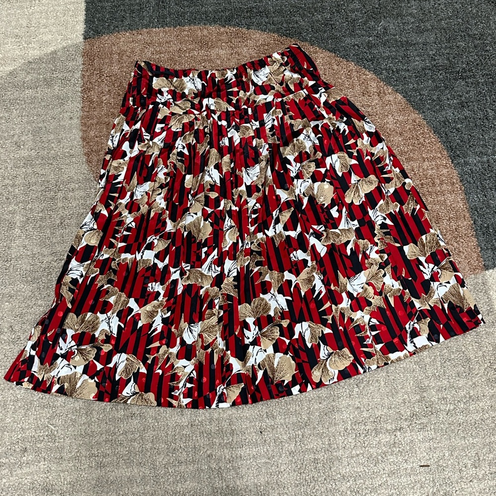 Vintage Castlebury Pleated Floral Red and Brown Gold Women's Skirt Size 8